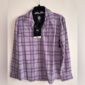 NWT Club Ride Womens Purple Button Up Plaid Shirt Top Long Sleeve Cycling Size S